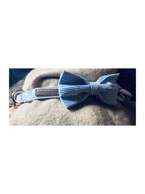 Unique Style Paws Blue & White Seersucker Bow Tie Dog Collar | Rose Gold Hardwar